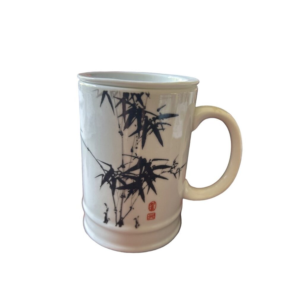 Asian Bamboo Print Porcelain Tea Cup With Strainer